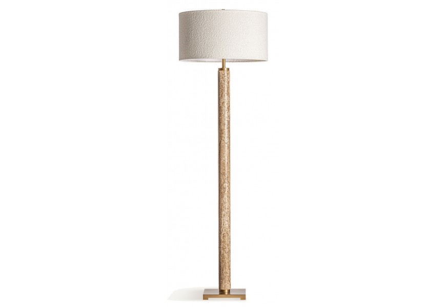 Luxusní art deco travertinová stojací lampa Jerf s bílým válcovým bavlněným stínítkem s bouclé potahem 166 cm