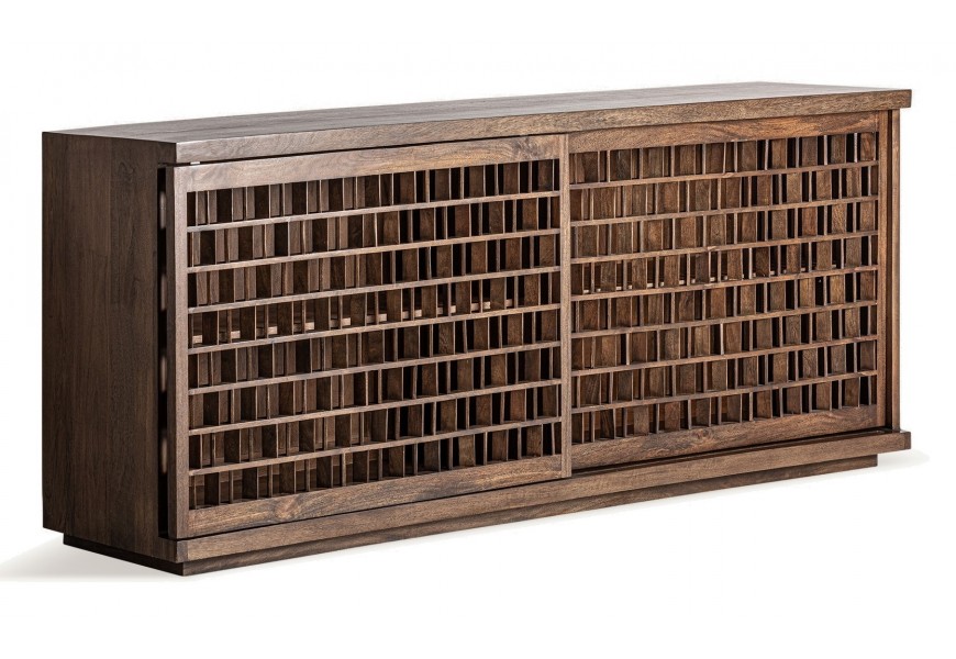 Luxusní art deco příborník Juroli s posuvnými dvířky s dekorativními dřevěnými malými deskami s otvory se dvěma poličkami z masivního mangového dřeva v hnědé barvě
