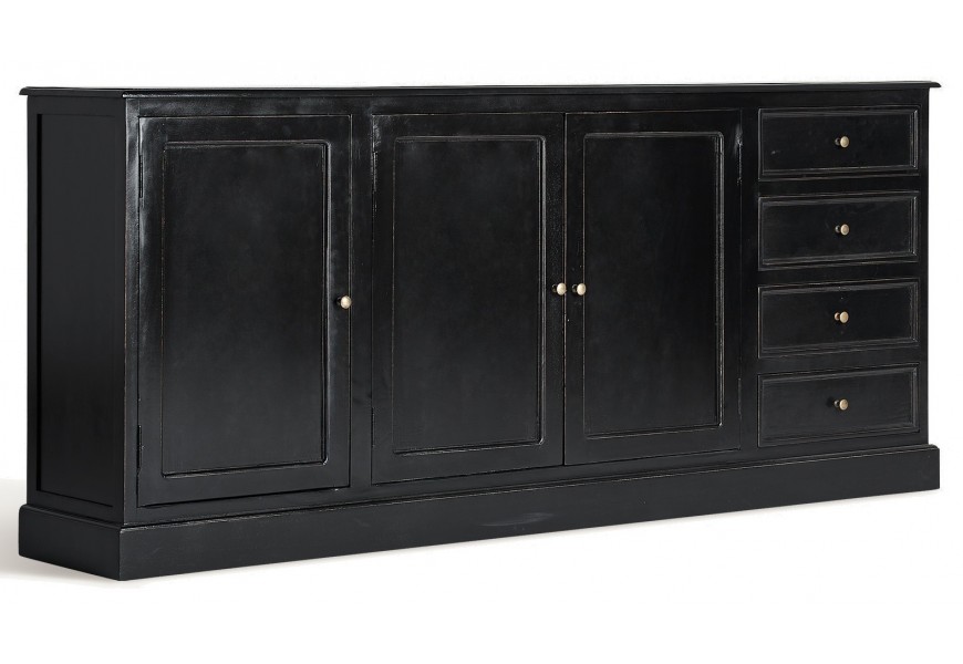 Luxusní vintage příborník Zena Noir v obdélníkovém tvaru v černé barvě z masivního magového dřeva v černé barvě s kazetovým designem tří dvířek a čtyř zásuvek