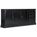 Luxusní vintage příborník Zena Noir v obdélníkovém tvaru v černé barvě z masivního magového dřeva v černé barvě s kazetovým designem tří dvířek a čtyř zásuvek