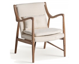 Luxusní moderní čalouněné masivní křeslo Renard s béžovým bouclé potahem s atypickými opěrkami v hnědé barvě 84 cm