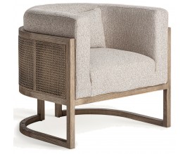 Luxusní art deco čalouněné křeslo Aster s béžovým potahem a hnědou masivní konstrukcí s vídeňským výpletem 84 cm