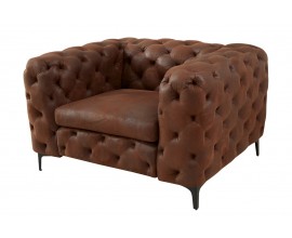Chesterfield křeslo Modern Barock ve čtvercovém tvaru v hnědé barvě s výrazným prošíváním s potahem s imitací kůže s mohutnými opěrkami s čalouněním a nožičkami v černé barvě z kovu