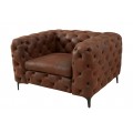 Chesterfield křeslo Modern Barock ve čtvercovém tvaru v hnědé barvě s výrazným prošíváním s potahem s imitací kůže s mohutnými opěrkami s čalouněním a nožičkami v černé barvě z kovu