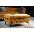 Štýlová chesterfield horčicová žltá čalúnená taburetka Modern Barock s prešívaným poťahom a čiernymi kovovými nožičkami 92 cm