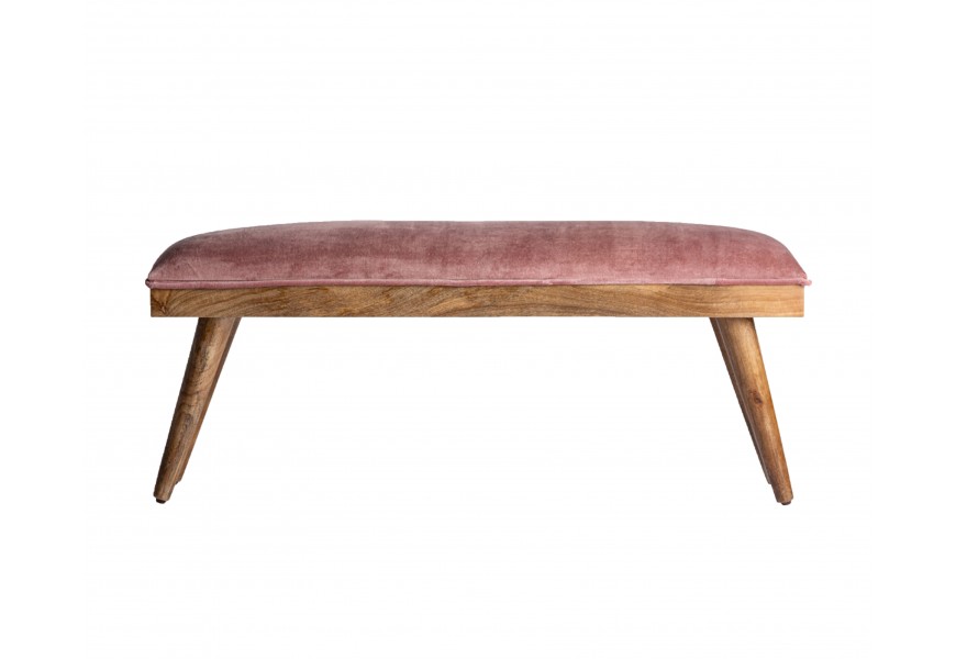 Luxusní chesterfield čalouněná lavice Elonna ve stylu shabby chic obdélníkového tvaru se zaoblenými nožičkami z mangového dřeva se starorůžovým sametovým potahem