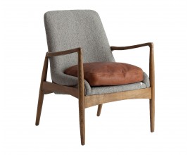 Luxusní vintage šedé křeslo Raul s koženým polštářem s masivními hnědými nožičkami 83 cm