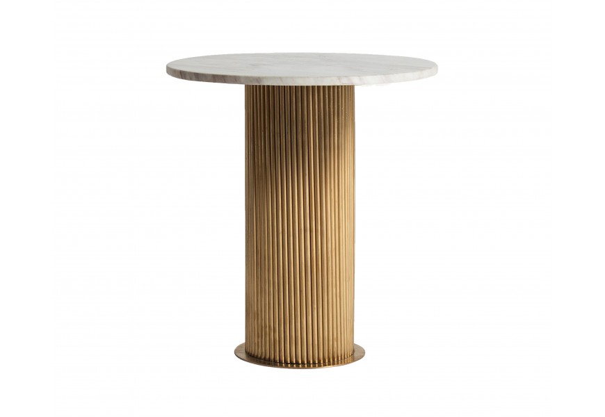 Luxusní art deco kulatý mramorový zlatý příruční stolek Lensy s bílou vrchní deskou a kovovou nohou 55 cm