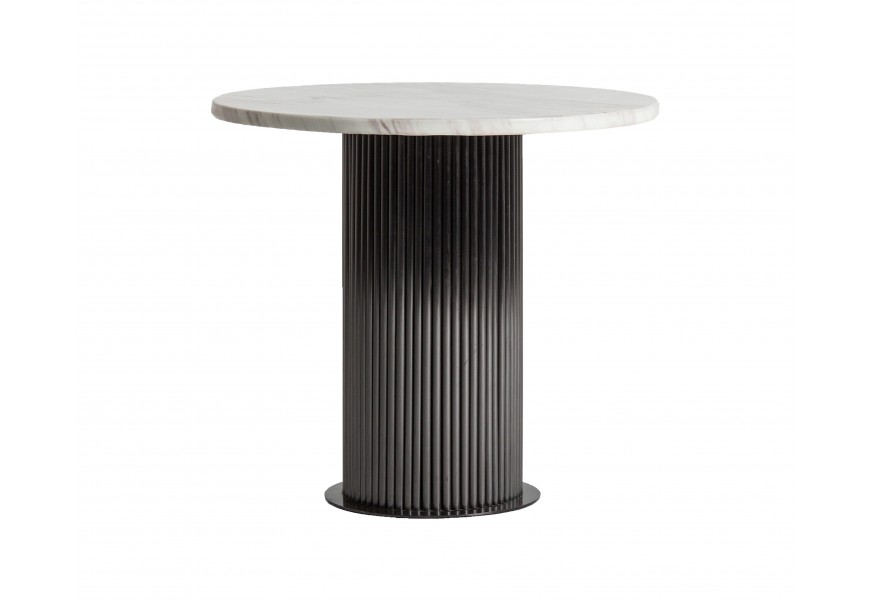 Luxusní art deco mramorový kulatý příruční stolek Lensy s šedou kovovou drážkovanou nohou a bílou vrchní deskou 50 cm