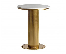 Luxusní art deco kulatý mramorový barový stůl Benny se zlatou kovovou nohou a vrchní bílou deskou s šedými žilkami 76 cm