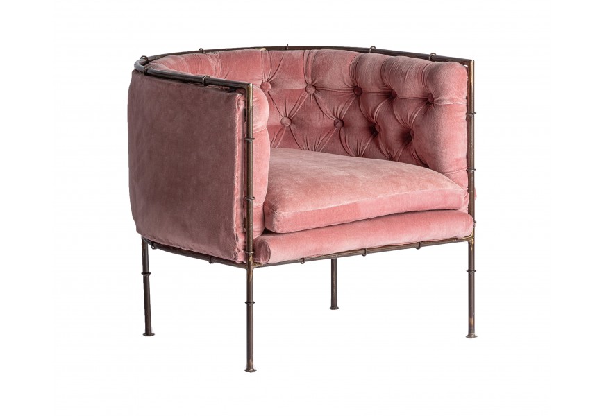 Luxusní chesterfield shabby chic křeslo Kazer se sametovým potahem v růžové barvě z bavlny a konstrukcí z kovu ve zlaté barvě