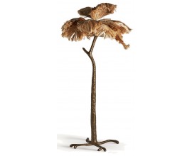 Luxusní etno stojící lampa Palm v podobě palmy s kovovým hnědým kmenem a listy z přírodního hnědého vlákna 147 cm