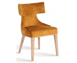 Luxusní vintage okrová jídelní židle Jiren se sametovým potahem a kovovými nýty s atypicky vykrojeným opěradlem 84 cm