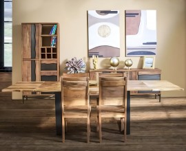 Designová industriální jídelní sestava Berignone z masivního dřeva v naturální hnědé barvě s černými kovovými detaily