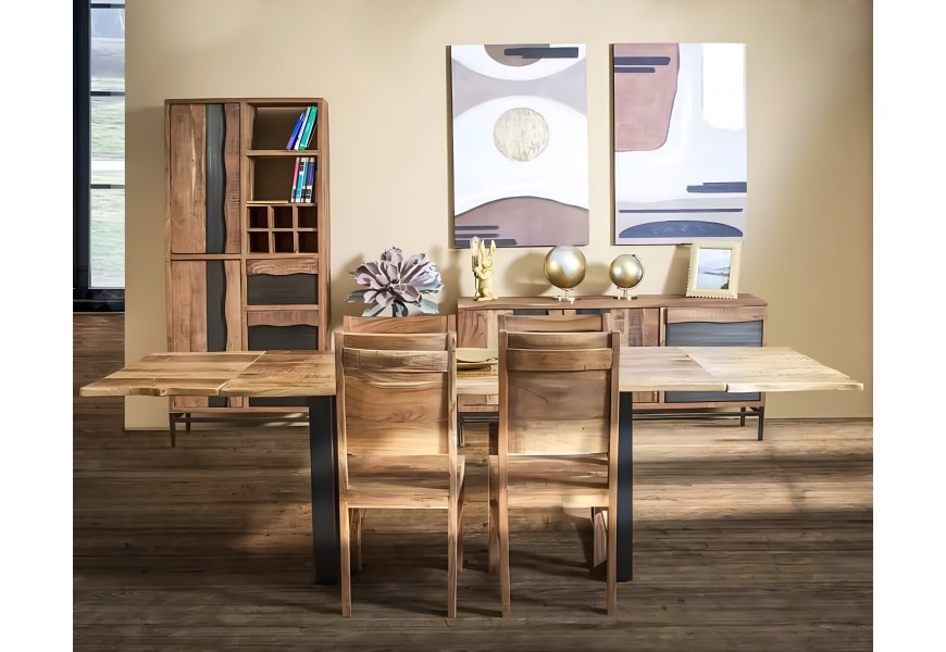 Designová industriální jídelní sestava Berignone z masivního dřeva v naturální hnědé barvě s černými kovovými detaily