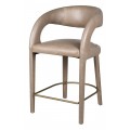 Luxusní art deco moderní kožená béžově hnědá oblá barová židle Jasmer s kovovou staře zlatou opěrkou na nohy 98 cm