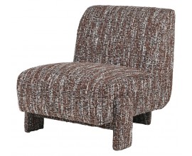 Luxusní bouclé moderní čalouněné křeslo Rebor s hnědo bílým strukturovaným potahem a třemi nohama 87 cm