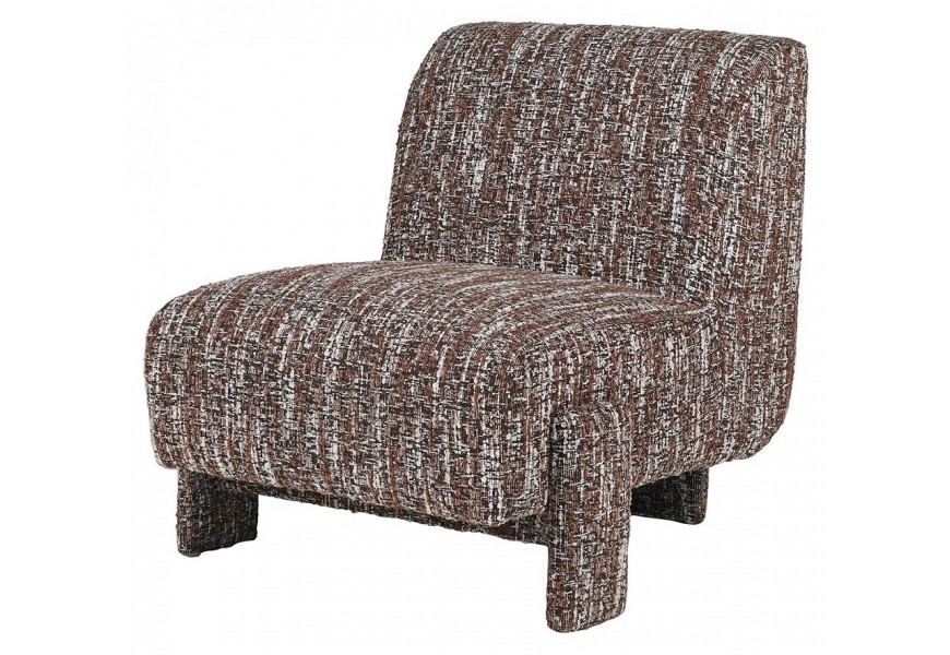 Luxusní bouclé retro křeslo Rebor s čalouněním s potahem s texturou v hnědo bílé barvě se třemi nohama bez bočných opěrek