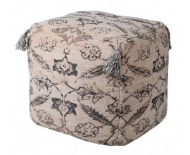 Stylová orientální čtvercová taburetka Hilda v béžové barvě s bavlněným potahem a černými ornamenty s třásněmi 50 cm