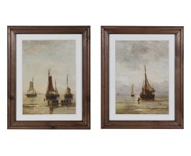 Stylový set koloniálních obdélníkových obrazů Lencan s hnědým rámem z masivního vyřezávaného dřeva s námořnickým motivem 50 cm