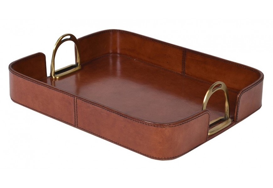 Art deco obdélníkový kožený podnos Marquess v hnědém odstínu se zlatými kovovými úchyty 41 cm