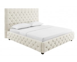 Stylová chesterfield čalouněná béžová manželská postel Kreon se lněným texturovaným potahem s nízkými černými nožičkami 220 cm