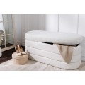 Moderní bouclé bílá dvoumístná oválná lavice Yara s úložným prostorem 113 cm