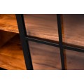 Industriální masivní hnědý příborník Woodcut s dvěma posuvnými dvířky s černými kolejnicemi a šesti zásuvkami 148 cm