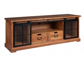 Stylová industriální masivní hnědý TV stolek Woodcut se dvěma prosklenými posuvnými kovovými dvířky a dvěma zásuvkami 165 cm