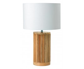 Moderní noční lampa Willow se stínítkem z bavlny v bílé barvě v kulatém tvaru s nohou z vrbového dřeva v hnědé barvě ve válcovém tvaru