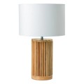 Moderní noční lampa Willow se stínítkem z bavlny v bílé barvě v kulatém tvaru s nohou z vrbového dřeva v hnědé barvě ve válcovém tvaru