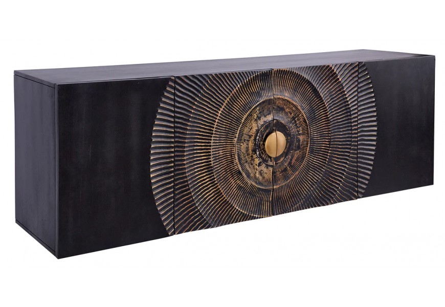 Designový art deco obdélníkový čtyřdveřový černý TV stolek Marlon se zlatými vyřezávanými detaily 177 cm