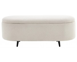 Designová art deco oválná lavice Eliana s úložným prostorem s poklopem s bílým buklé potahem s matnými černými štíhlými nožičkami z kovu