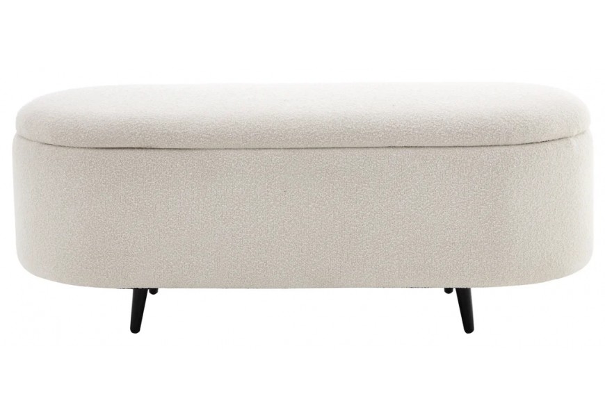 Designová art deco oválná lavice Eliana s úložným prostorem s poklopem s bílým buklé potahem s matnými černými štíhlými nožičkami z kovu