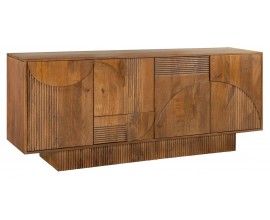Designový hnědý art deco obdélníkový příborník Sonia z mangového dřeva se čtyřmi dvířky s geometrickým reliéfem 170 cm