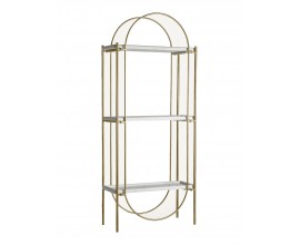 Luxusní art deco obdélníkový kovový regál Jana ve zlaté barvě se třemi mramorovými bílými policemi 181 cm