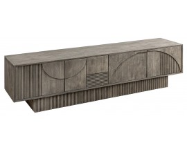 Designový art deco obdélníkový TV stolek Sonia z šedého mangového dřeva se čtyřmi dvířky s geometrickým reliéfem 200 cm