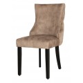 Zámecká jídelní židle Modern Barrock s béžovým sametovým čalouněním s chesterfield prošíváním a zdobením zlatými nýty s černými dřevěnými nožičkami a chromovým lvím klepadlem na zadní straně