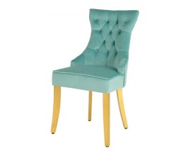 Barokní jídelní židle Modern/Gold Barrock ve světle modrém sametovém čalounění zlatým klepadlem a zlatými nožičkami 96 cm