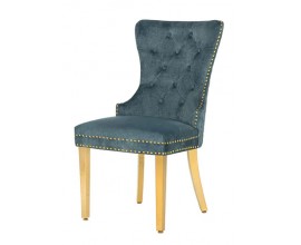 Glamour čalouněná prošívaná sametově modrá jídelní židle Modern Barock se zlatými kovovými nožičkami a klepátkem 98 cm