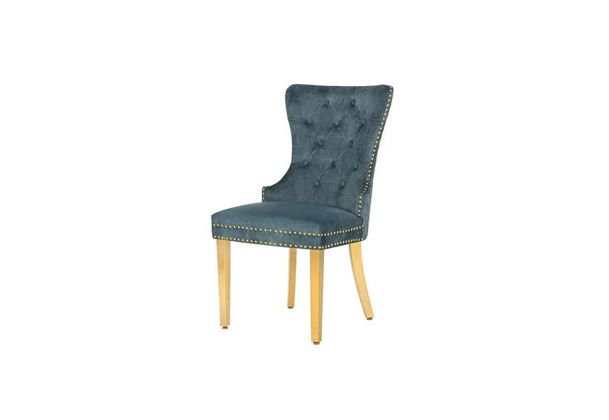 Glamour čalouněn&aacute; pro&scaron;&iacute;van&aacute; sametově modr&aacute; j&iacute;deln&iacute; židle Modern Barock se zlat&yacute;mi kovov&yacute;mi nožičkami a klep&aacute;tkem 98 cm