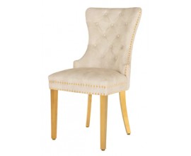Glamour čalouněná prošívaná béžová jídelní židle Modern Barock se zlatými kovovými nýty nožičkami a klepátkem 98 cm
