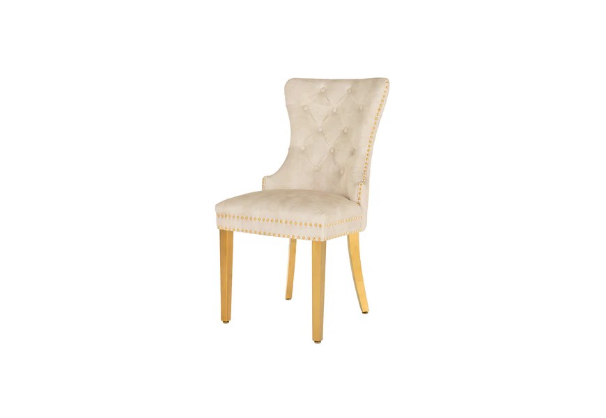 Glamour čalouněn&aacute; pro&scaron;&iacute;van&aacute; b&eacute;žov&aacute; j&iacute;deln&iacute; židle Modern Barock se zlat&yacute;mi kovov&yacute;mi nožičkami a klep&aacute;tkem 98 cm