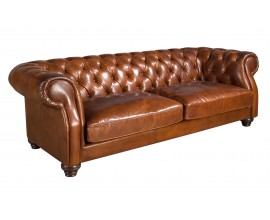 Luxusní chesterfield koňakově hnědá třímístná sedačka Hastings s potahem z pravé kůže a vyřezávanými nožičkami 226 cm