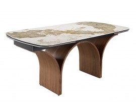 Luxusní moderní mramorový jídelní stůl Vita Naturale s kovovou podstavou v ořechové hnědé barvě s designem oblouků a obdélníkovou rozkládací porcelánovou vrchní deskou v bílé barvě s hnědým mramorovým žilkováním