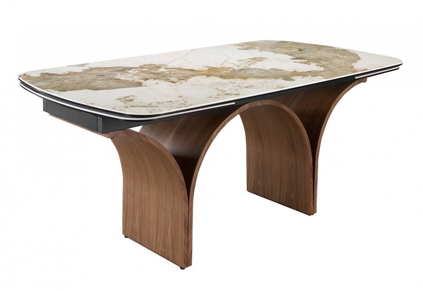 Luxusní moderní mramorový jídelní stůl Vita Naturale s kovovou podstavou v ořechové hnědé barvě s designem oblouků a obdélníkovou rozkládací porcelánovou vrchní deskou v bílé barvě s hnědým mramorovým žilkováním