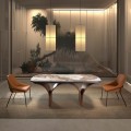 Luxusní obdélníkový rozkládací jídelní stůl Vita Naturale s hnědou designovou podstavou a bílou mramorovou deskou 260 cm
