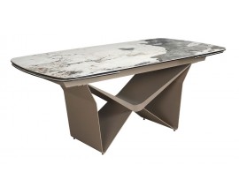Luxusní mramorový jídelní stůl Vita Naturale s obdélníkovou rozkládací vrchní deskou se zaoblenými hranami a moderní geometrickou designovou podstavou z kovu v béžové barvě šampaňského