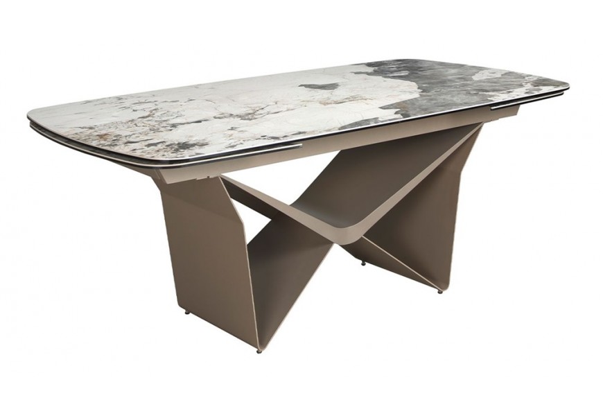 Luxusní mramorový jídelní stůl Vita Naturale s obdélníkovou rozkládací vrchní deskou se zaoblenými hranami a moderní geometrickou designovou podstavou z kovu v béžové barvě šampaňského