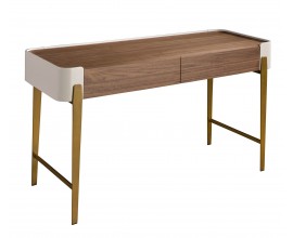 Luxusní moderní psací stůl Forma Moderna se dvěma šuplíky v kombinaci béžové a ořechové hnědé se zlatou podstavou 140 cm